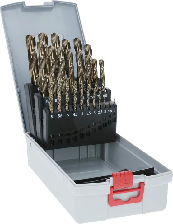 Immagine prodotto Bosch Professional Zubehör Set di punte elicoidali PRO in acciaio inox HSS-Co, 25 pezzi. (1 mm, 1,5 mm, 2 mm, 2,5 mm, 3 mm, 3,5 mm, 4 mm, 4,5 mm, 5 mm, 5,5 mm, 6 mm, 6,5 mm, 7 mm, 7,5 mm, 8 mm, 8,5 mm, 9 mm, 9,5 mm, 10 mm, 10,5 mm, 11 mm, 11,5 mm, 12 mm, 12,5 mm, 13 mm)