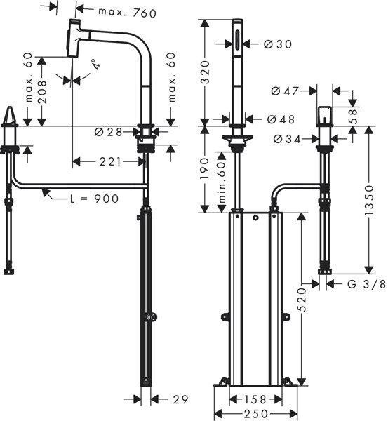Immagine prodotto hansgrohe HG 2-L miscelatore monocomando per lavello METRIS con sBox, doccetta estraibile nero opaco