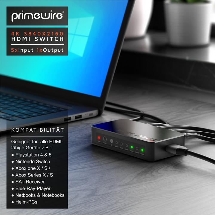 Actual product image Primewire HDMI 2.0 switch, 5-port Ultra HD 4K HDMI switch with remote control, 5x IN/1x OUT distributor