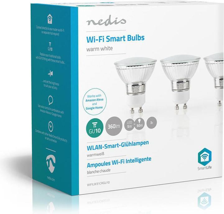 Image du produit Nedis Ampoule LED SmartLife | Wi-Fi | GU10 | 330 lm | 5 W | Blanc chaud | 2700 K | Classe énergétique : A+ (GU10, 5 W, 330 lm, 3 x, G)