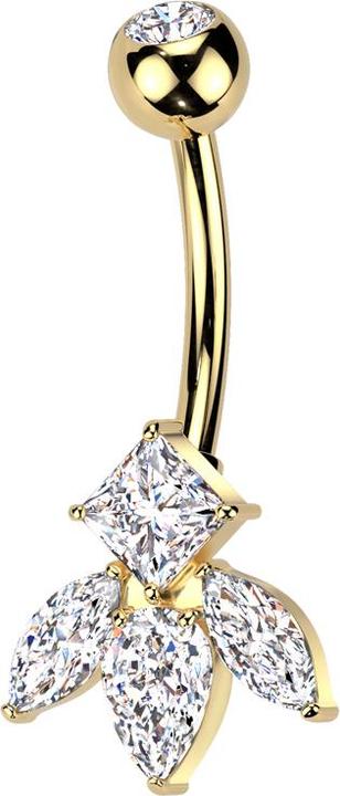 Star Piercing Banane vergoldet mit Kugel Kristall silber und drei Ovale und ein eckiger Kristall silber (Messing, Titan G23)