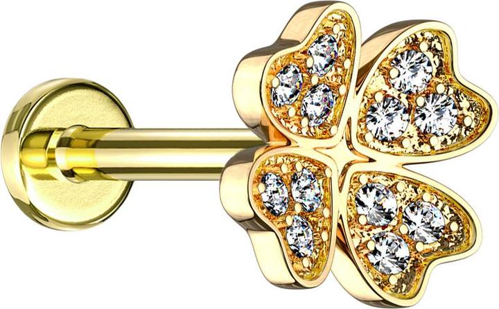 Actual product image Star Piercing Micro Labret Internal Thread 14k Gold Plated Cloverleaf with Crystal (Surgical steel 316L, Brass)