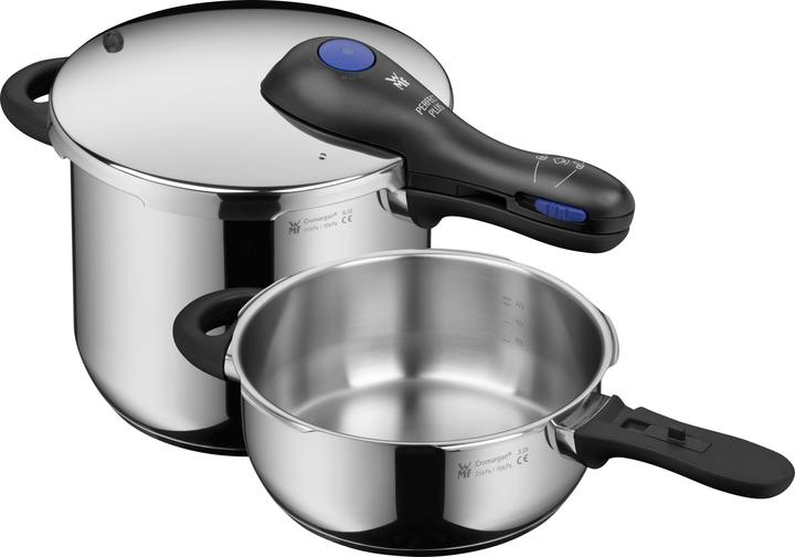 WMF Schnellkochtopf 3tlg 6,5+3l grosses Kochsignal Perfect Plus Induktion (22 cm, Pfannenset + Topfset, Edelstahl)