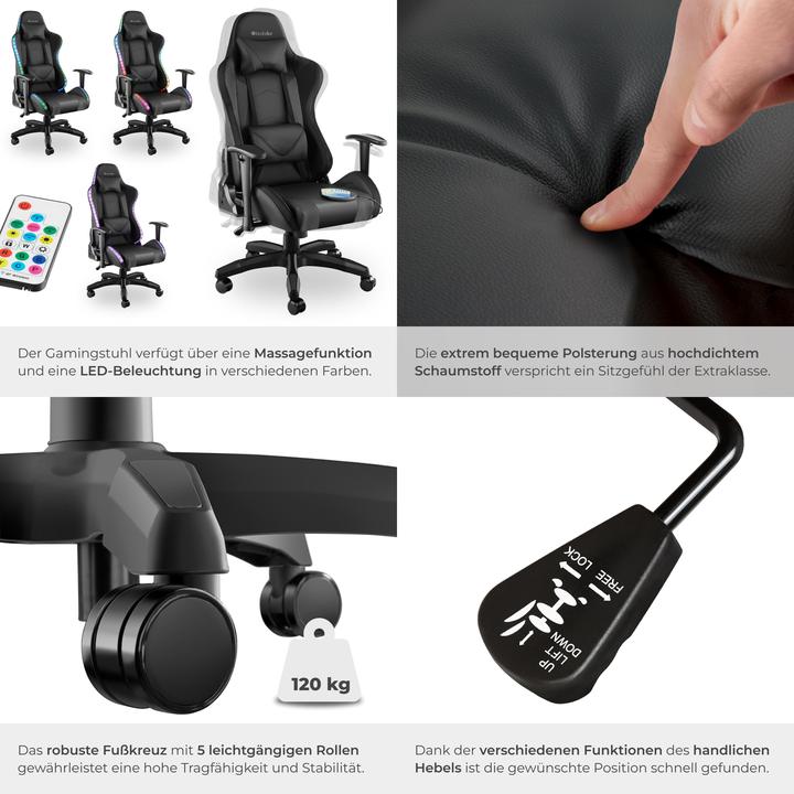 Actual product image tectake Gaming chair Tartaros, LED, massage function