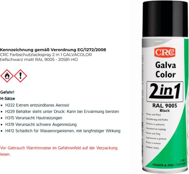 Produktbild CRC Farb-Schutzlack GalvaColor 2in1, 9005 Tiefschwarz 500 ml (500 ml, Tiefschwarz (RAL 9005))