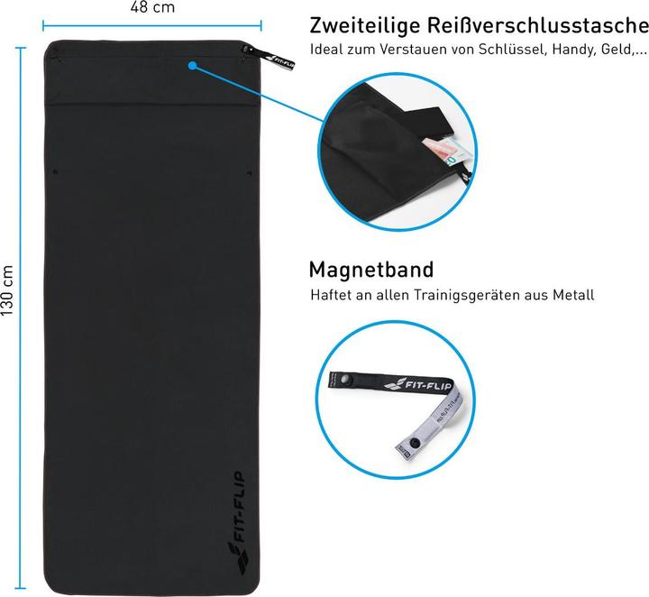 Immagine prodotto Fit-Flip Fitnesshandtuch Mikrofaser mit Reissverschlusstasche 130x48cm (130 x 48 cm)