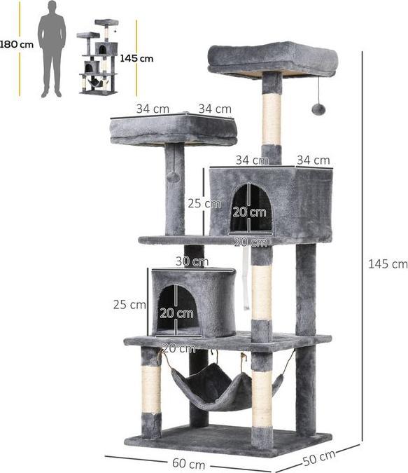Produktbild Swisshandel24 Kratzbaum Kletterbaum Katzenmöbel Katzenhöhle mit Sisalstämmen, 60 x 50 x 145 cm (145 cm, Grau)