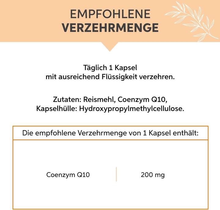 Nährwerte und Zutaten Eltabia Coenzym Q10 Kapseln | 200mg Hochdosiertes Vegan Premium Ubiquinon (100 Stück, Kapseln)