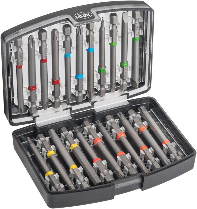 Produktbild Vigor Bit Box ∙ V6068 ∙ Sechskant6,3 (1/4 Zoll) ∙ Schlitz Profil, Innen Sechskant Profil, Kreuzschl… (Kreuz Phillips PH M2, Innensechsrund TX M20, Innensechsrund TX M25, Kreuz Phillips PH M1, Innensechsrund TX M15, Kreuz Pozidriv PZ M3, Innensechsrund TX M30, Kreuz Phillips PH M3, Innensechsrund TX M27, Kreuz Pozidriv PZ M2, Innensechsrund TX M10, Innensechsrund TX M40, Kreuz Pozidriv PZ M1)