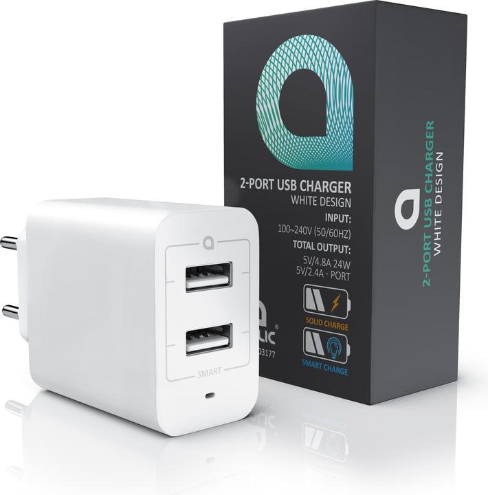 Produktbild Aplic USB Ladegerät 4800 mA, 2 Port Netzteil für Handy/Smartphone/Tablet, 4800mA - 2400mA je Port, weiss (28 W)