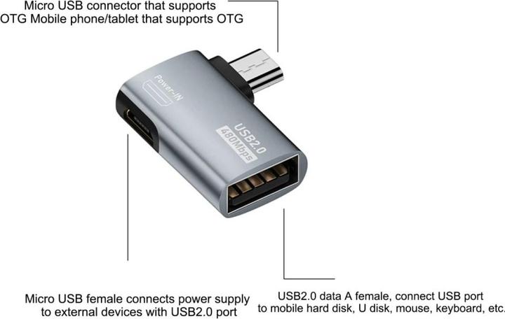 Produktbild PowerGuard MicroUSB zu USB 2.0 & Power-In Adapter 90 Grad Winkel links (male/female) (Micro USB, USB 2.0)