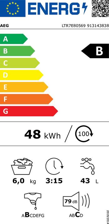 Energie-Label AEG LTR7E80569 Waschmaschine Toplader / / ProSteam® - Auffrischfunktion / 6,0 kg / Leise / Mengenaut (6 kg, Rechts)