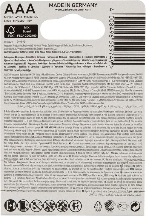 Nährwerte und Zutaten Varta Longlife Power (4 Stk., AAA, 1240 mAh)