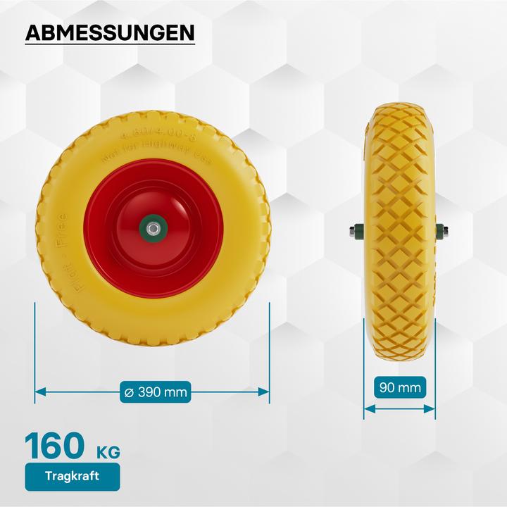 Image du produit Wiltec Roue – Pneu de brouette 4.8/ 4.00-8 avec Axe jaune Increvable Charge jusqu’à 160 kg