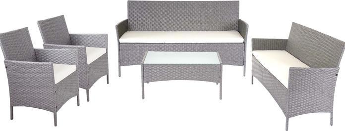 Produktbild Swisshandel24 3-2-1-1 Poly-Rattan Garten-Garnitur Halden, Sitzgruppe - grau, Kissen creme