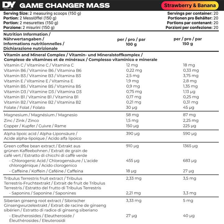 Valori nutrizionali e ingredienti DY Nutrition Cambiamento di massa (Fragola e banana, 3000 g)