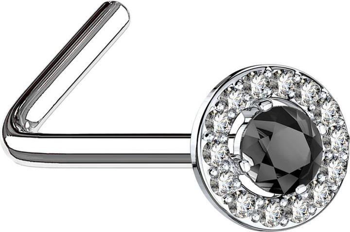 Image du produit Star Piercing Clou de nez coudé argent cercle de cristal avec grand cristal noir (Laiton, Acier chirurgical 316L)