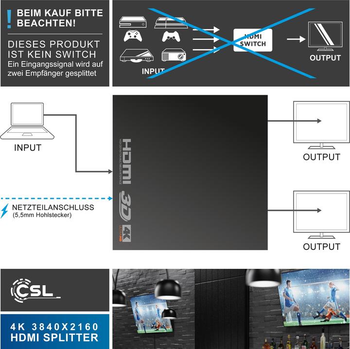 Actual product image CSL HDMI splitter, mini 4K UHD 2-port splitter 1x HDMI input to 2x HDMI output, Ultra HD 2160p
