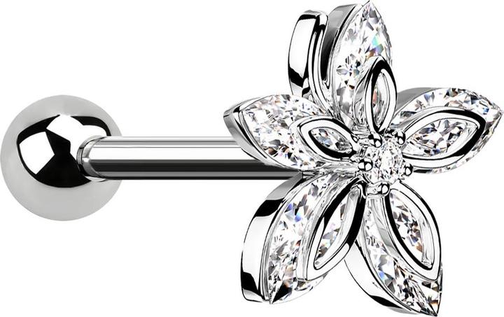 Produktbild Star Piercing Micro Barbell silber mit Kugel und Blume fünf Kristallblätter (Chirurgenstahl 316L, Messing)