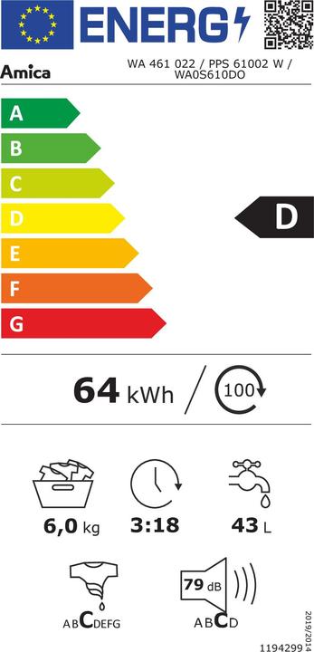 Label énergétique Amica AMI WA 461022 (6 kg, Gauche)