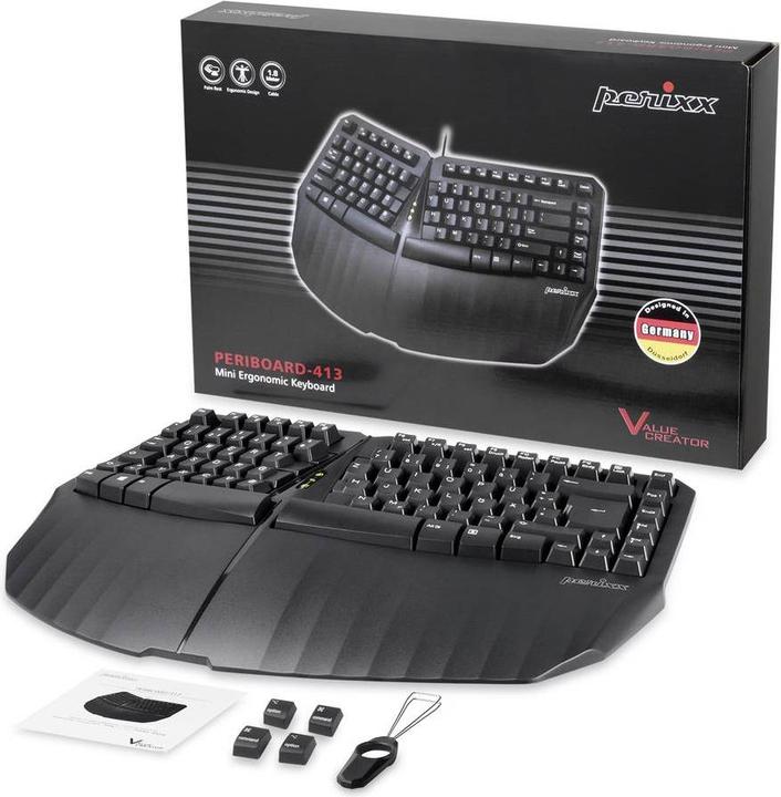 Image du produit Perixx PERIBOARD-613 DE B, Clavier ergonomique compact sans fil, noir (DE, Sans fil)