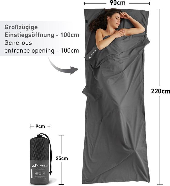 Fit-Flip Hüttenschlafsack Baumwolle ultraleicht mit Kissenfach 90x220cm (220 cm)