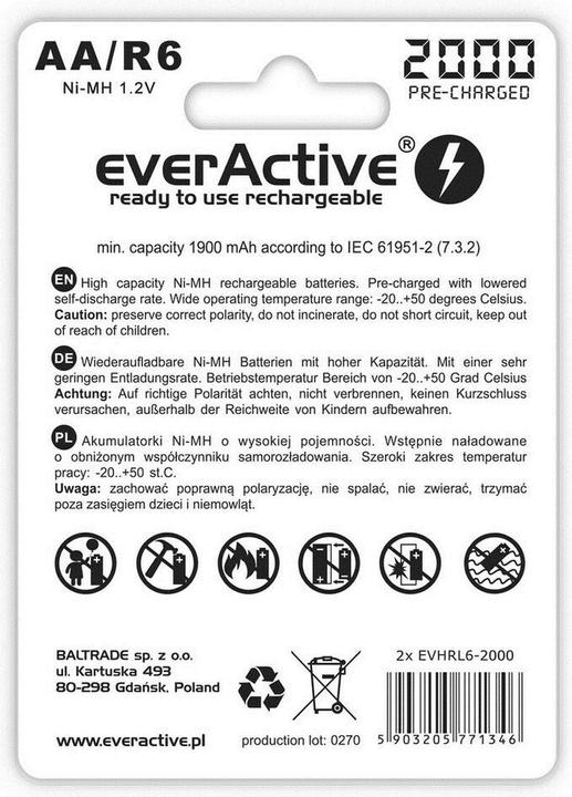 Actual product image Everactive Rechargeable batteries Ni-MH R6 AA 2000 mAh Silver Line - Battery - Mignon (AA) (2 pcs., AA, 2000 mAh)