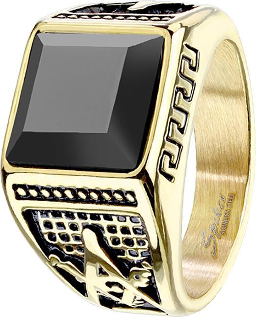 Star Piercing Ring vergoldet mit facettiertem Onyx Stein und Freimaurer Muster