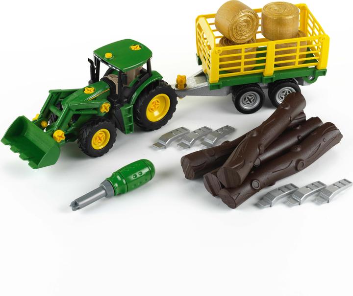 Actual product image Theo Klein John Deere tractor with timber and hay wagon