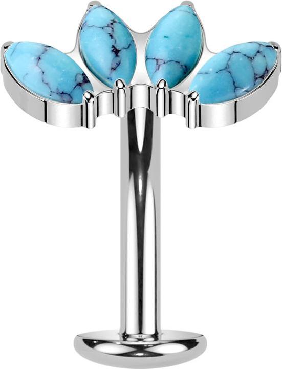 Star Piercing Threadless Labret-Stab Banane silber vier Ovale Türkis Steine (Titan G23)