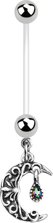 Star Piercing Banane transparent mit zwei Kugeln silber Anhänger Halbmond mit Kristall (Messing, Bioflex, Chirurgenstahl 316L)