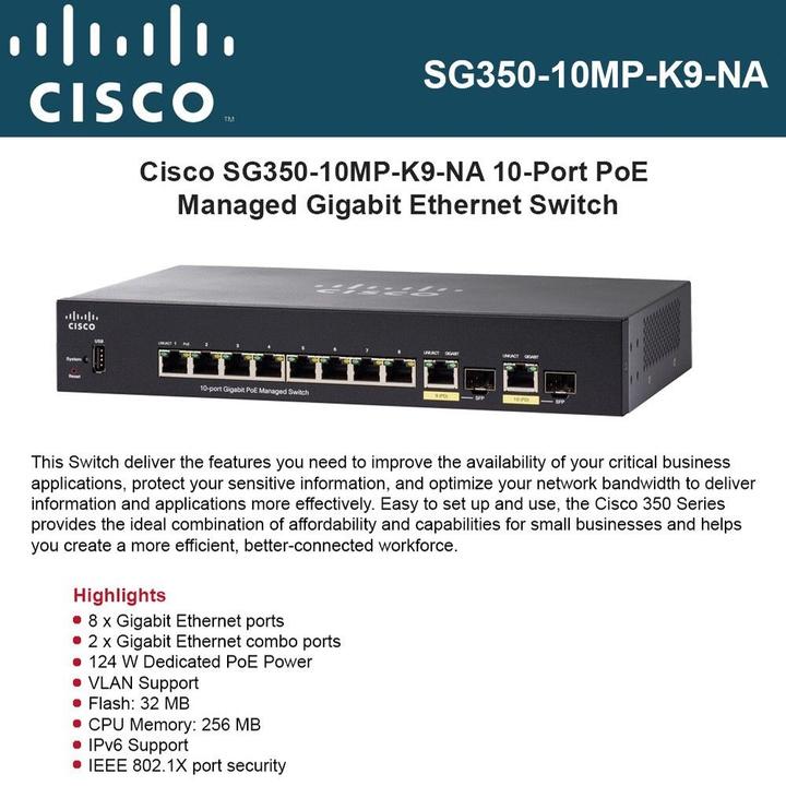 Image du produit Cisco SG350-10MP : Commutateur géré par 10 ports (10 ports)