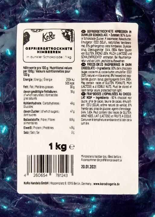 Produktbild KoRo Gefriergetrocknete Himbeeren in dunkler Schokolade (1000 g)