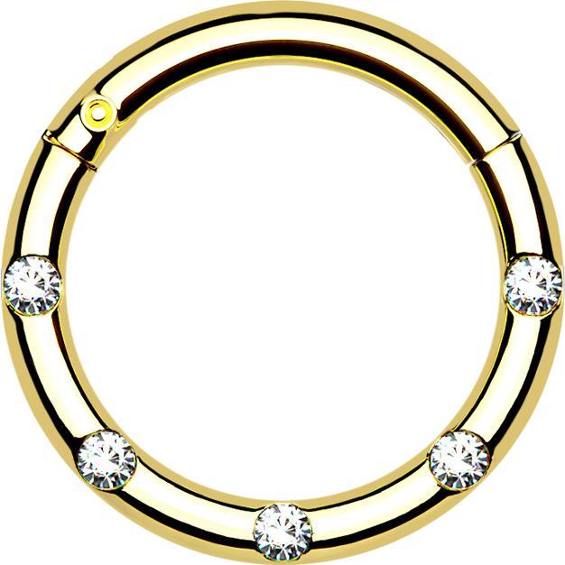 Star Piercing Micro Segmentring klappbar vergoldet front fünf Kristalle silber (ohne Messing, Chirurgenstahl 316L)