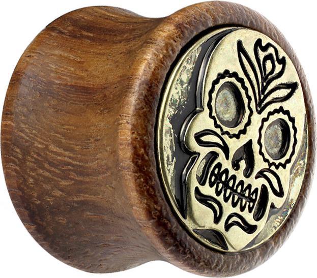 Actual product image Star Piercing Sono wood flared plug with sugar skull (Organic, Brass)