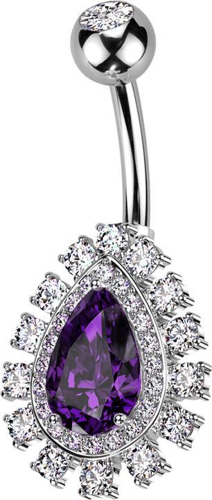 Produktbild Star Piercing Banane silber mit Kugel silber Kristall silber und grossem Tropfen Kristall violett Kristalle silber (Chirurgenstahl 316L, Messing)