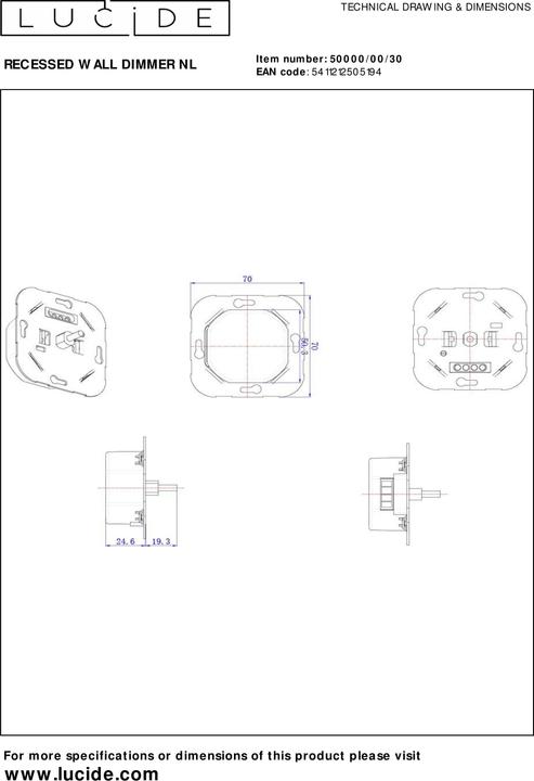 Produktbild Lucide RECESSED WALL DIMMER NL - Dimmer - 300 Watt 230V - Weiss 50000/00/30