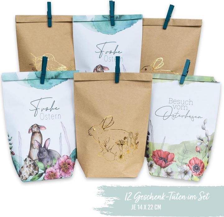 Actual product image Papierdrachen 12 Easter Printed Gift Bags - Watercolour with Gold Foiling -Set 8 (Gift bag, 12 x)
