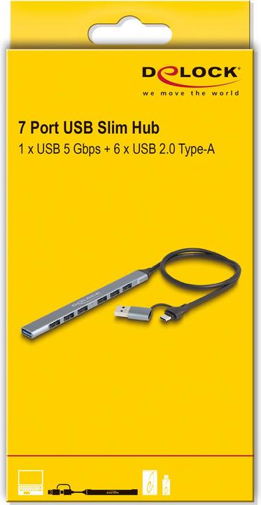 Produktbild Delock 7 Port Slim USB Hub mit USB Type-C oder USB Typ-A zu (USB-C, USB-A, 7 Ports)
