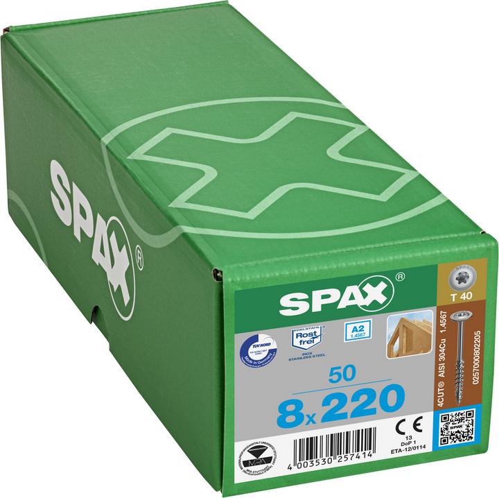 Produktbild Spax HI.FORCE, 8 x 220 mm, 50 Stück, Teilgewinde, Tellerkopf, T-STAR plus T40, 4CUT, Edelstahl rost (50 Schrauben pro Stück)