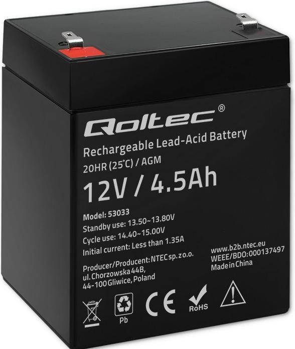 Produktbild Qoltec 53033 vehicle battery AGM (Absorbed Glass Mat) 4.5 Ah Motorcycle (12 V, 4.50 Ah)