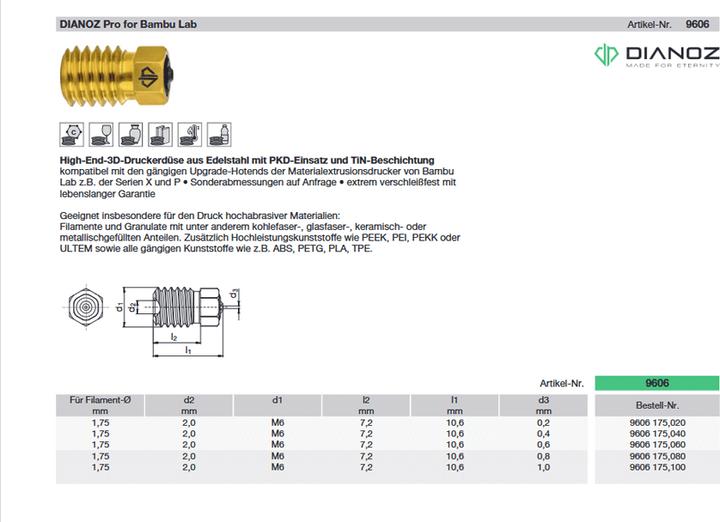 Produktbild Dianoz Pro Diamant-Düse Bambu Lab 0.8 (Düse)