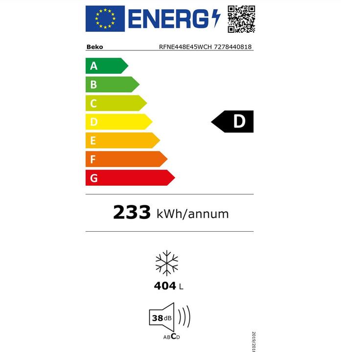Energie-Label Beko RFNE448E45WCH (Freistehend, 404 l)