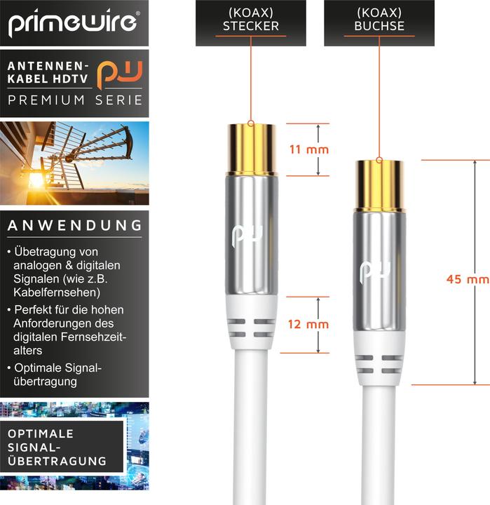 Immagine prodotto Primewire Cavo antenna HDTV | Cavo coassiale premium 135dB / 75 Ohm | FullHD / 4K Ultra HD | Cavo TV (135 dB, Cavi antenna)