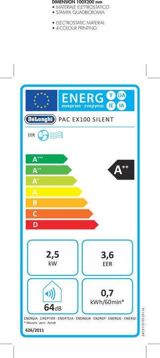 Energy Label De'Longhi Pinguino PAC EX100 (44 m², 10000 BTU/h)