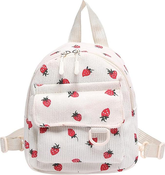 Actual product image Only-Bags.Store Niedliche Erdbeere Druck Samt Mini Rucksack, leichtes Polyester mit verstellbaren Riemen
