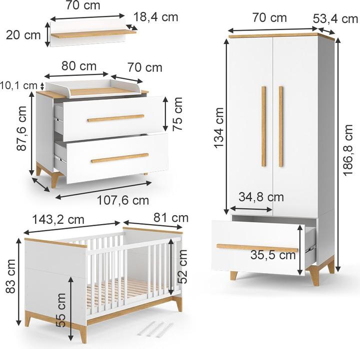 Produktbild VitaliSpa Malia (Kinderkleiderschrank, Babybett, Wickelkommode)