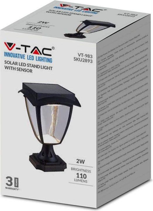 Actual product image V-TAC VT983 2W LED Solar Stand Light Black Body 3000K6000K IP44 (110 lm, IP65)