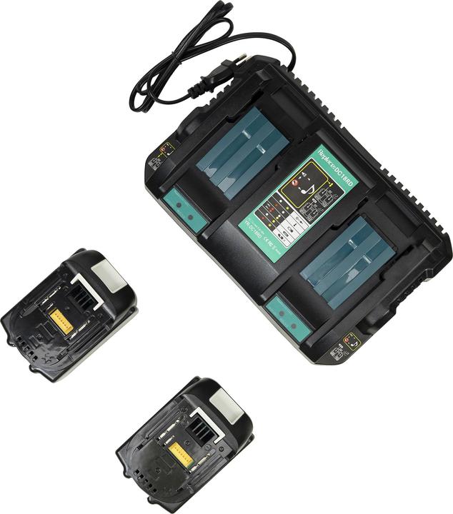 Actual product image PNI DCH218 dual battery charger with two USB ports, including 2 18 V 5 Ah batteries