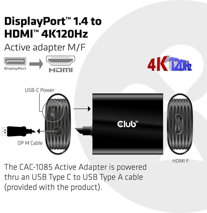 Immagine prodotto Club 3D Adattatore DP 1.4 a HDMI 4K120Hz HDR attivo (HDMI, 6.20 cm)